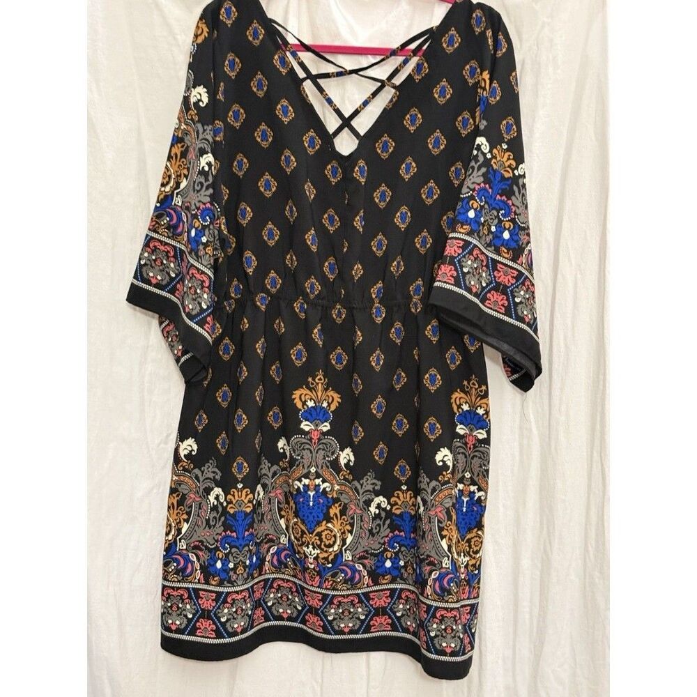 C Wonder XL Border Print Dress Boho Kimono Sleeve Lattice Back Fall Paisley Euc